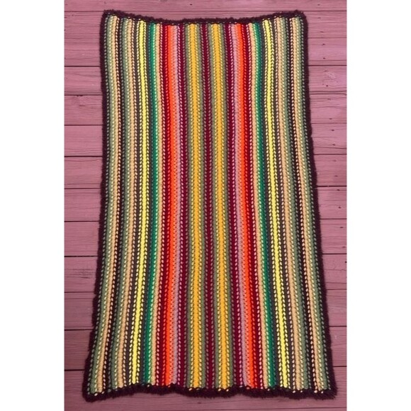 Vintage Green Brown Tan Striped Cozy Retro Crochet Afghan Throw Blanket - Picture 2 of 7